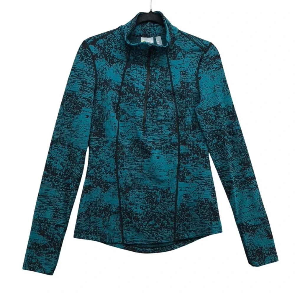Zella Pullover Womens Medium Teal Black Abstract Quarter Zip Long Sleeve Thumb